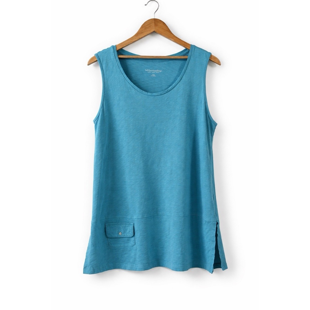 Soft Surroundings Tank Top Women Large Blue Cotton Slub Pocket Tunic Coastal